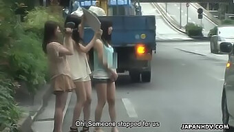 Uninhibited Japanese Teens Shiori, Nozomi, And Yuuko In An Orgy With A Hitchhiker