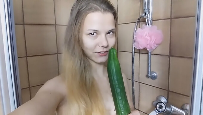 Young And Skinny Teen Enjoys A Wild Cucumber Ride